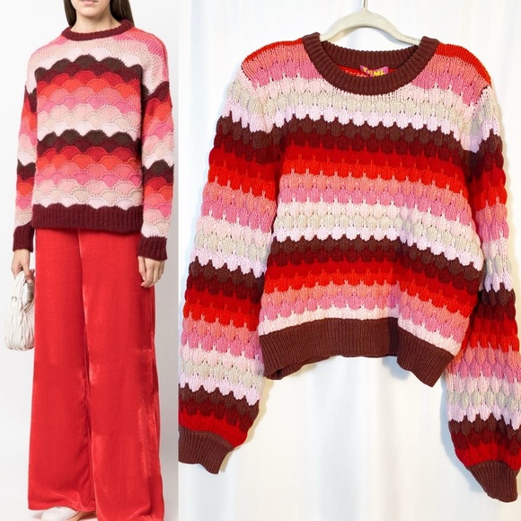 THML Sweaters - THML Textured Chunky Knit Striped Puffy Crewneck Sweater Red Pink
